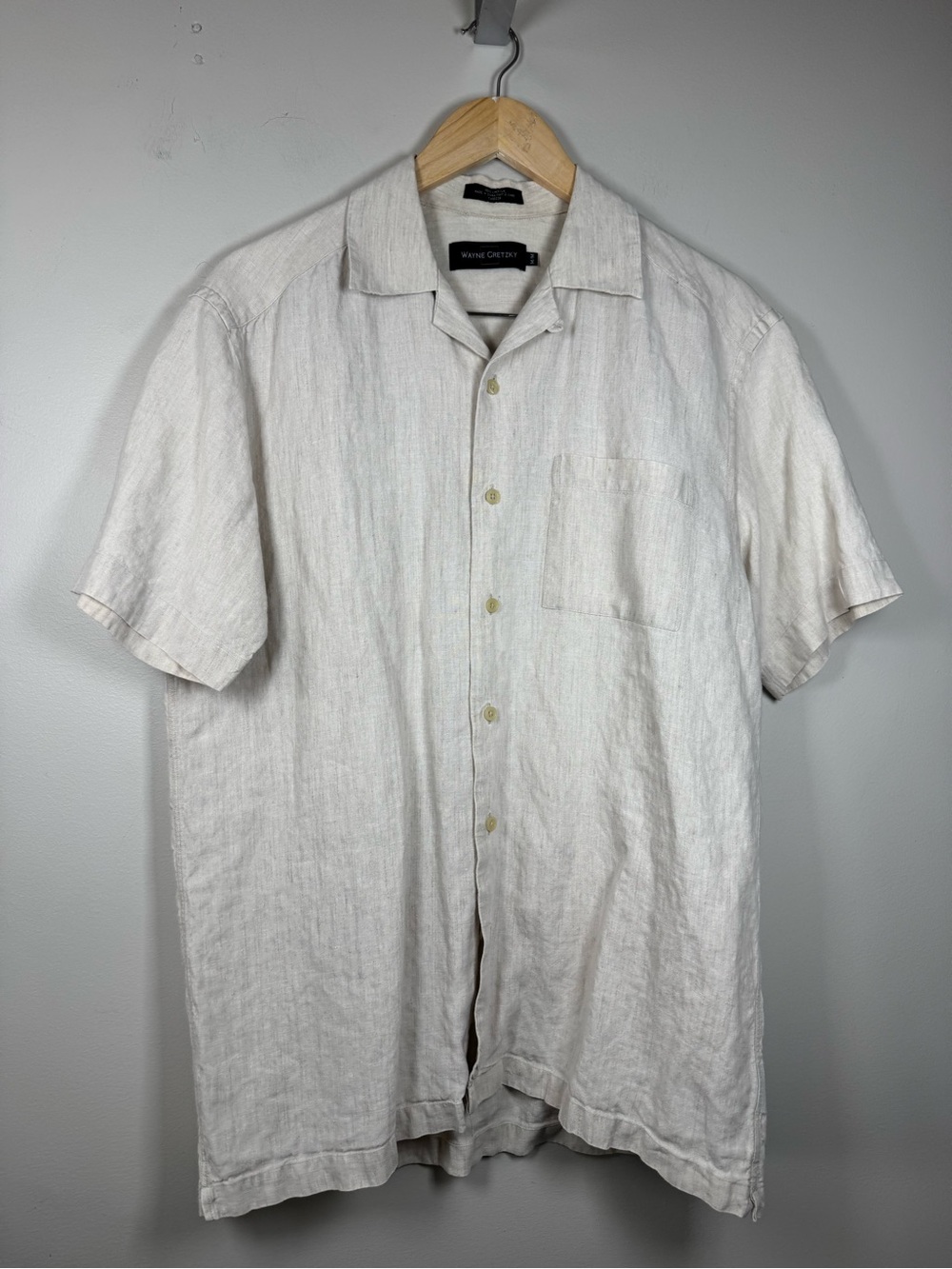 Wayne Gretzky Vintage Short-Sleeve Linen Button-Down Shirt in Light Cream Medium